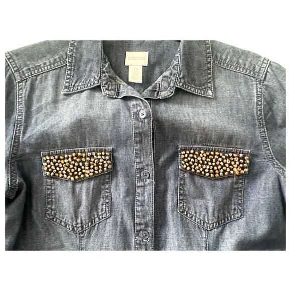 Chico’s Denim Shirt Sz 0 Small Gold Studded Pockets Western Button Down - Picture 3 of 7